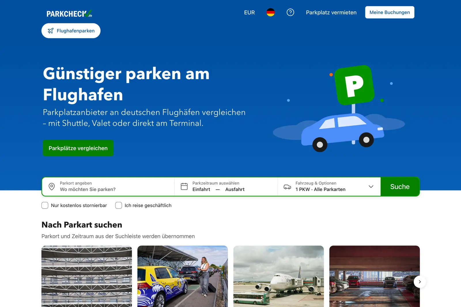 Die Startseite von parkcheck.de: Überschrift „Günstiger parken am Flughafen“, darunter die Suchleiste mit Parkort, Parkzeitraum und Fahrzeug, darunter Kacheln für die Suche nach Parkart.