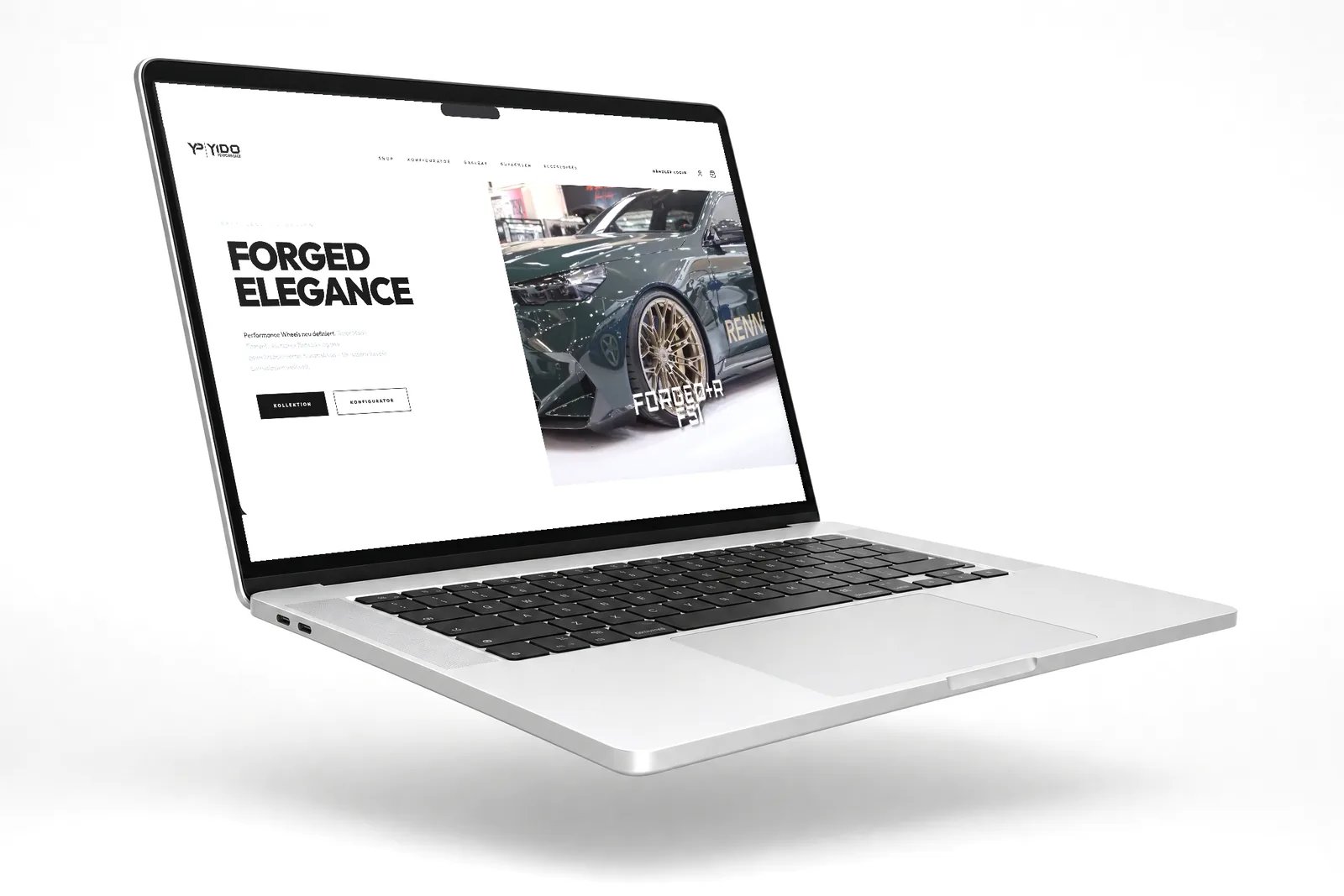 Startseite von yidoperformance.de auf einem Notebook: Schriftzug „Forged Elegance“, daneben ein Fahrzeug mit geschmiedeten Felgen, darunter die Schaltflächen Kollektion und Konfigurator.