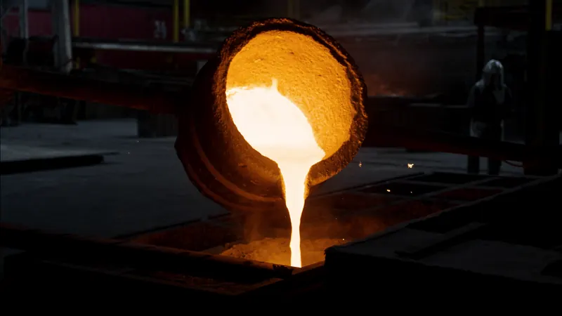 Flüssiges Metall fließt glühend aus einer Gießpfanne in einer dunklen Hütte.