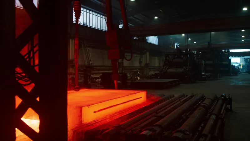 Eine rotglühende Bramme läuft im Walzwerk über den Rollgang.