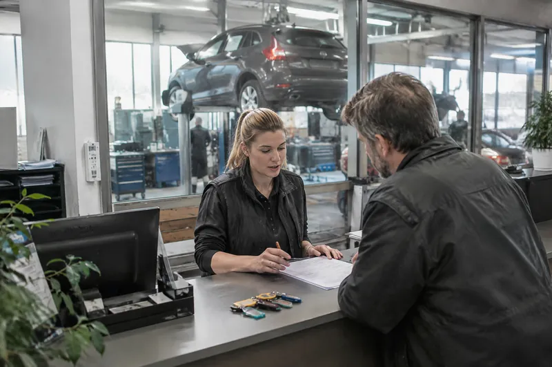 Serviceannahme eines Autohauses: Eine Serviceberaterin spricht mit einem Kunden, hinter der Glaswand steht ein Auto auf der Hebebühne.