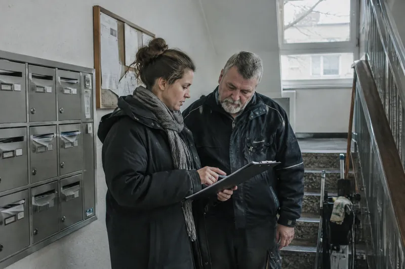 Eine Hausverwalterin und ein Hausmeister gehen im Treppenhaus eine Liste offener Reparaturen durch.