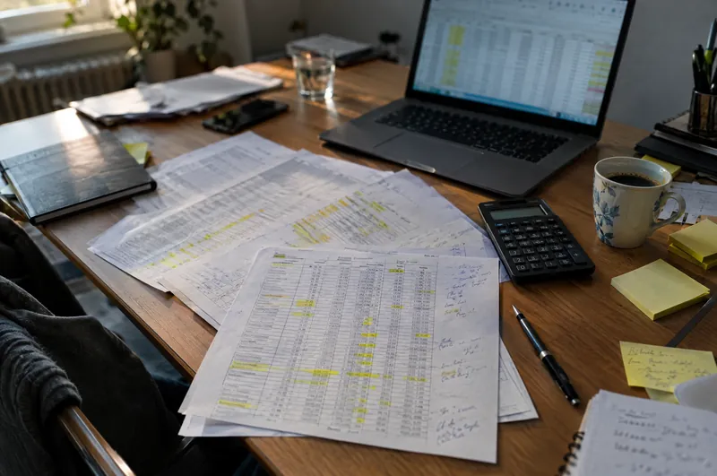 Schreibtisch mit ausgedruckten Tabellen voller Markierungen, daneben ein Laptop mit einer Tabelle, Taschenrechner und Kaffee.