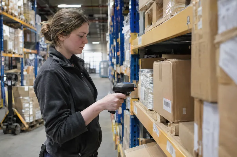 Eine Lagermitarbeiterin scannt mit einem Handscanner den Barcode eines Kartons.