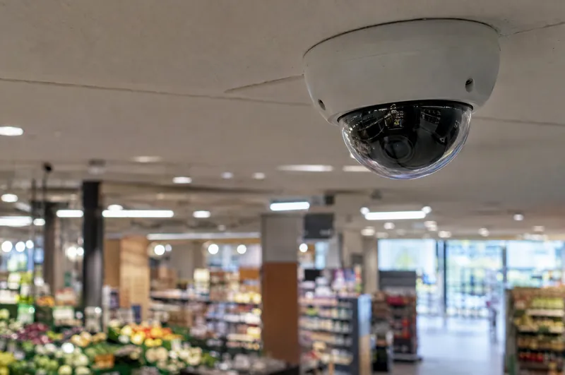 Kuppelkamera an der Decke eines Supermarkts.