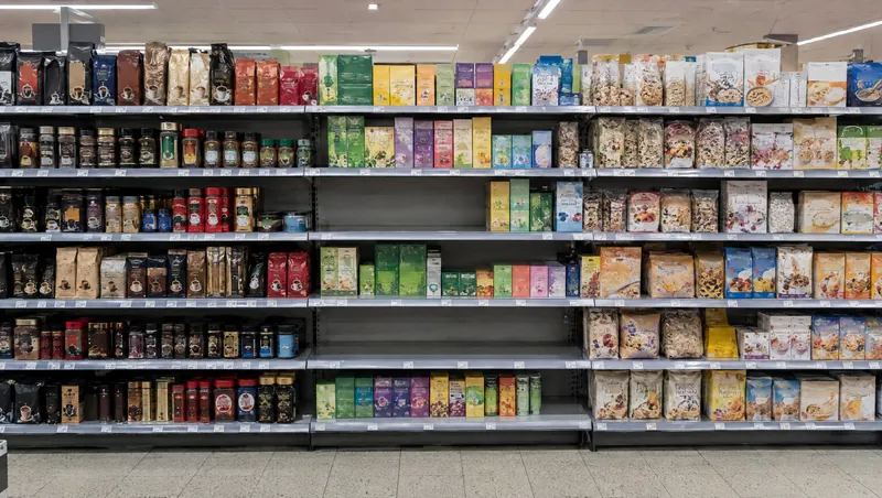 Langes Supermarktregal mit Kaffee, Tee und Frühstücksprodukten, auf zwei Böden sind Fächer leer.