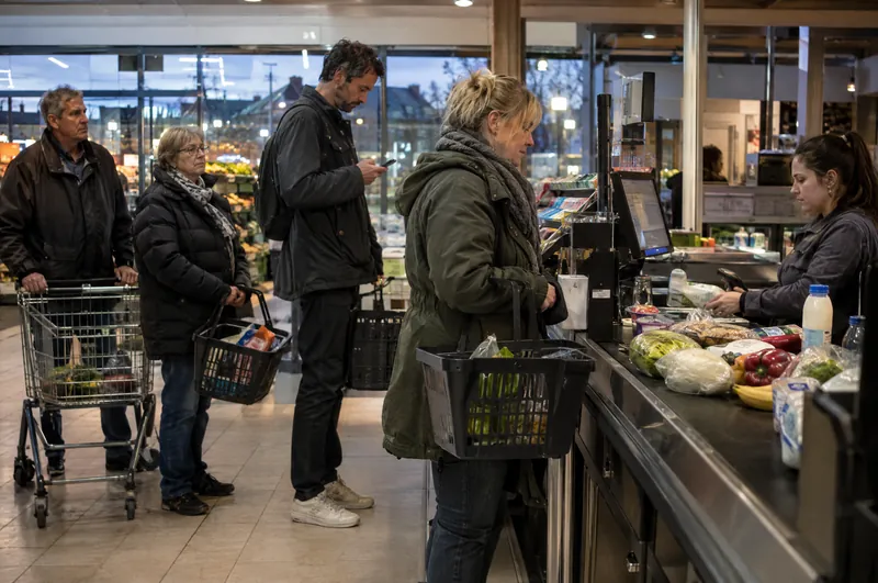 Menschen warten an einer Supermarktkasse.