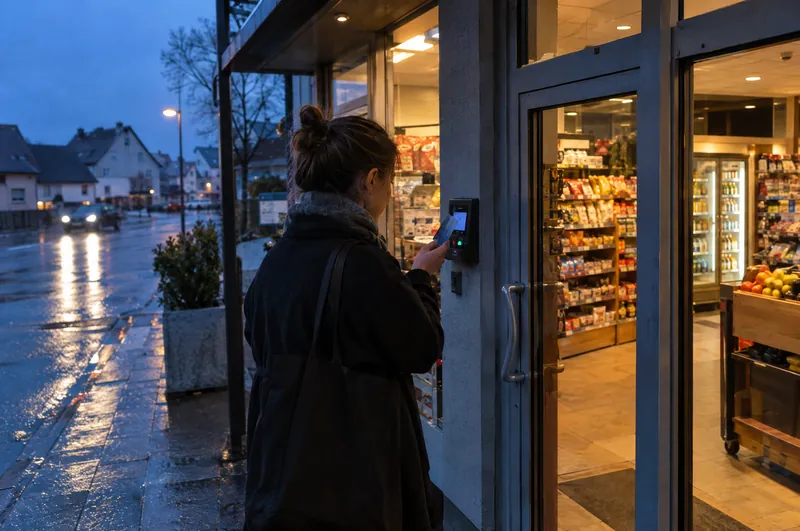 Abends an der Glastür eines kleinen Ladens: Eine Frau hält eine Karte an ein Lesegerät neben dem Eingang.
